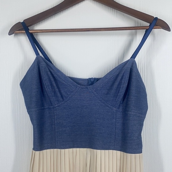 Pink Martini - Soft Chambray and Cream  Pleated MIDI Dress Size Medium - Picture 3 of 11